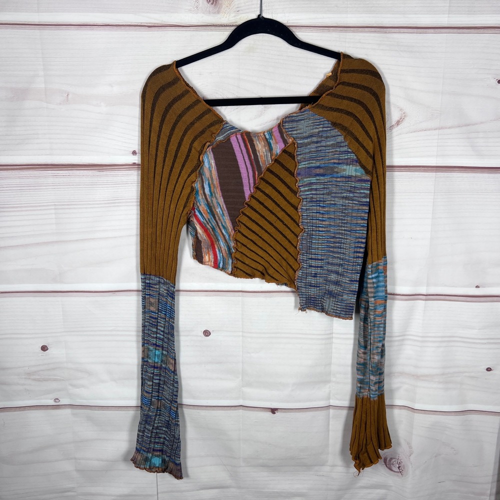 Urban Outfitters Top Womens M Multicolor Patchwork Crop Long Sleeve Ribbed Knit